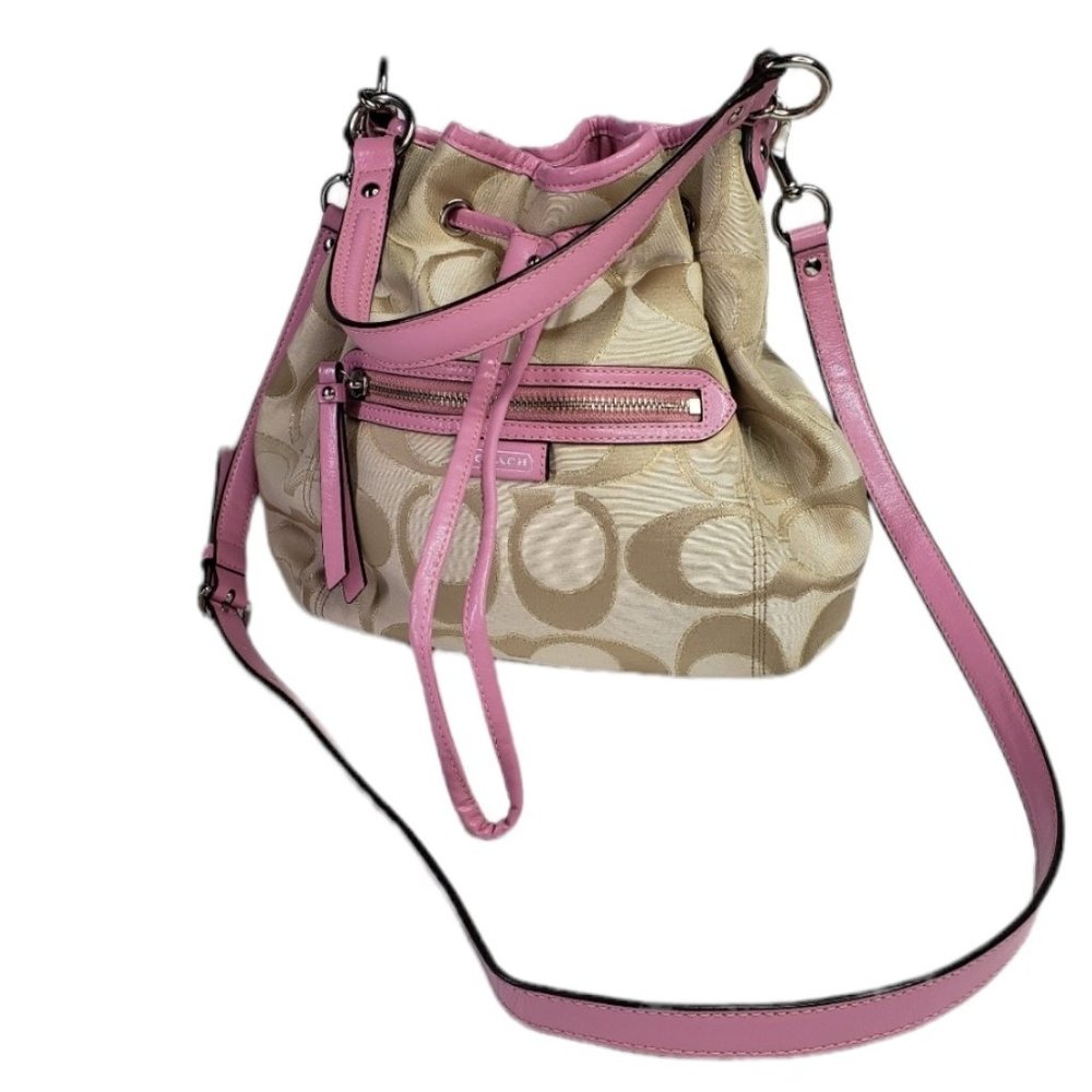 Coach Signature Daisy Outline Drawstring Bag Fabric Tan Pink F25676 Hobo Bucket